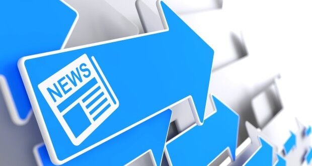 Newspaper Icon with News Title on Blue Arrow.